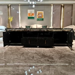 Luxury TV Stand with Dark Natural Wood Veneer Marble Top Embossed Side Panels and Stainless Steel Handles